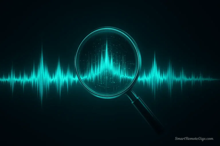 A high-tech illustration of a glowing soundwave being analyzed under a digital microscope, representing a test of the most realistic AI voice generator.