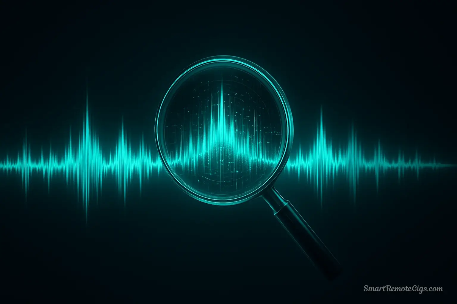 A high-tech illustration of a glowing soundwave being analyzed under a digital microscope, representing a test of the most realistic AI voice generator.