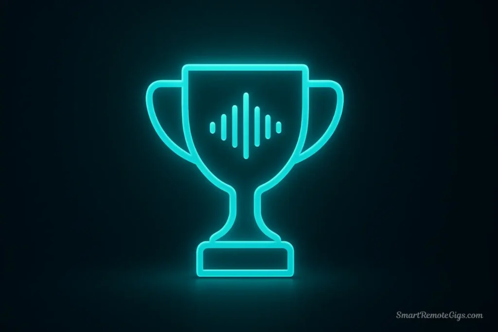 An illustration of a trophy with a soundwave icon on it, with the ElevenLabs logo subtly next to it, declaring it the winner for most realistic AI voice.