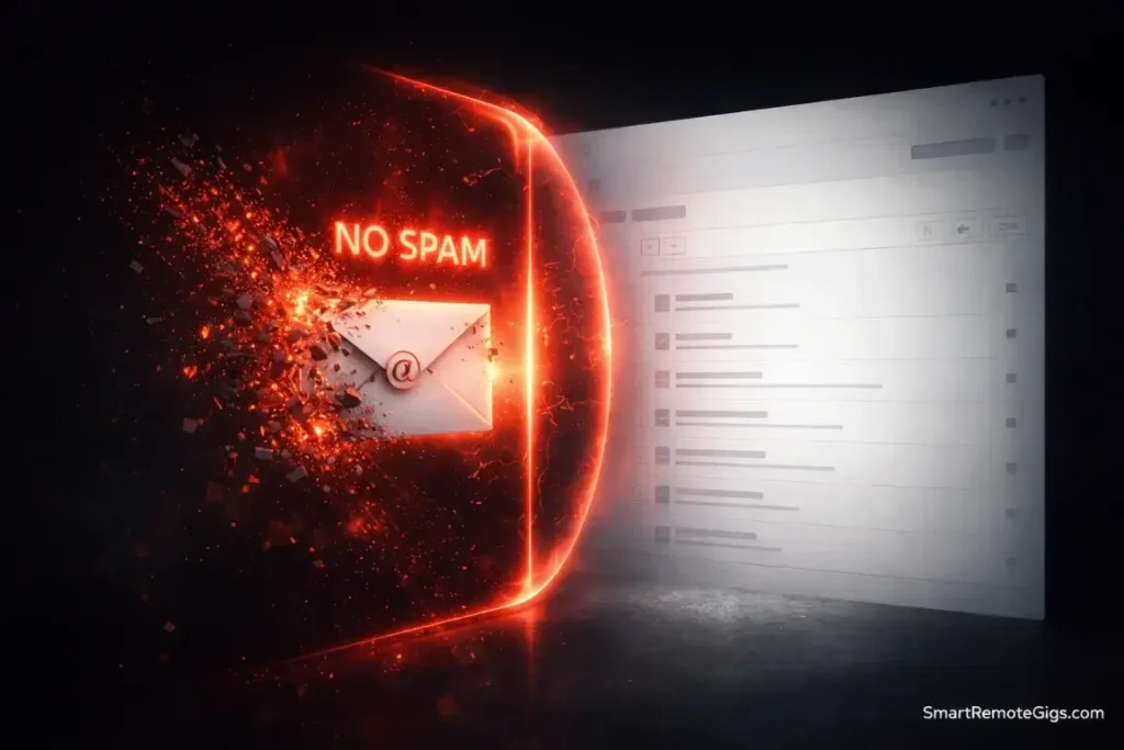 A digital illustration of a newsletter email hitting a red spam filter wall, warning against using wrong tools for cold email.