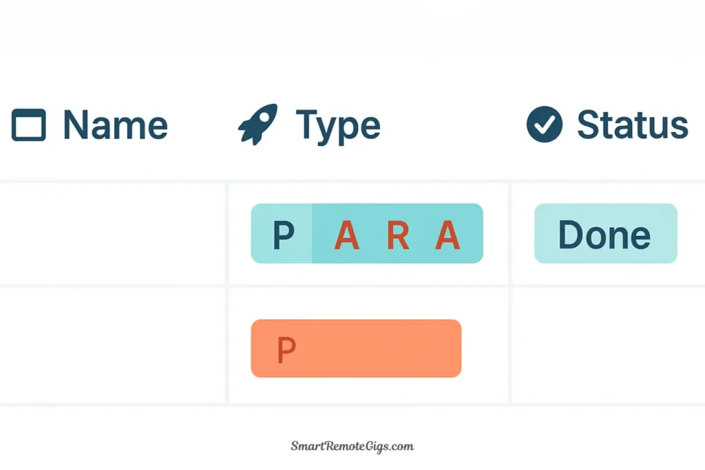 Vector illustration showing the essential properties of a Notion master database, including Type (P.A.R.A.), Status, and Tags.
