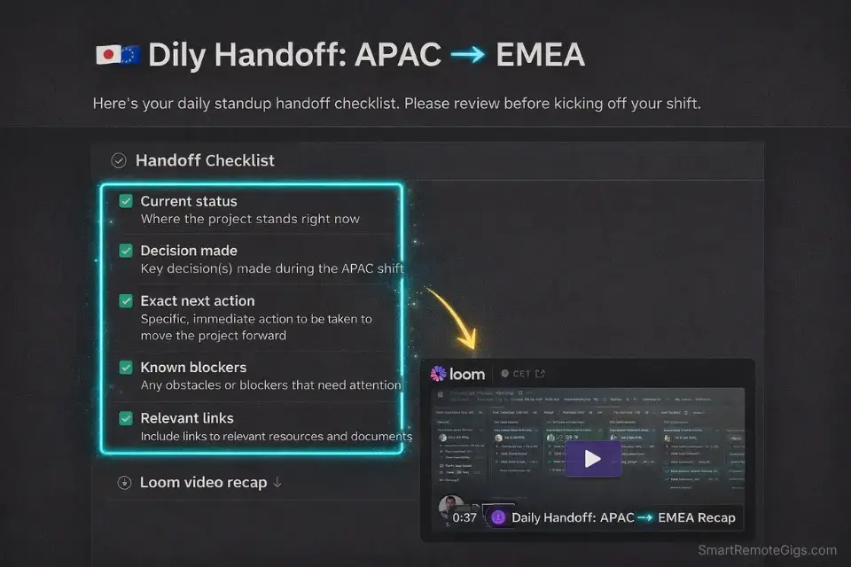 Screenshot of a structured Notion global handoff checklist used by remote project managers to manage time zones asynchronously.