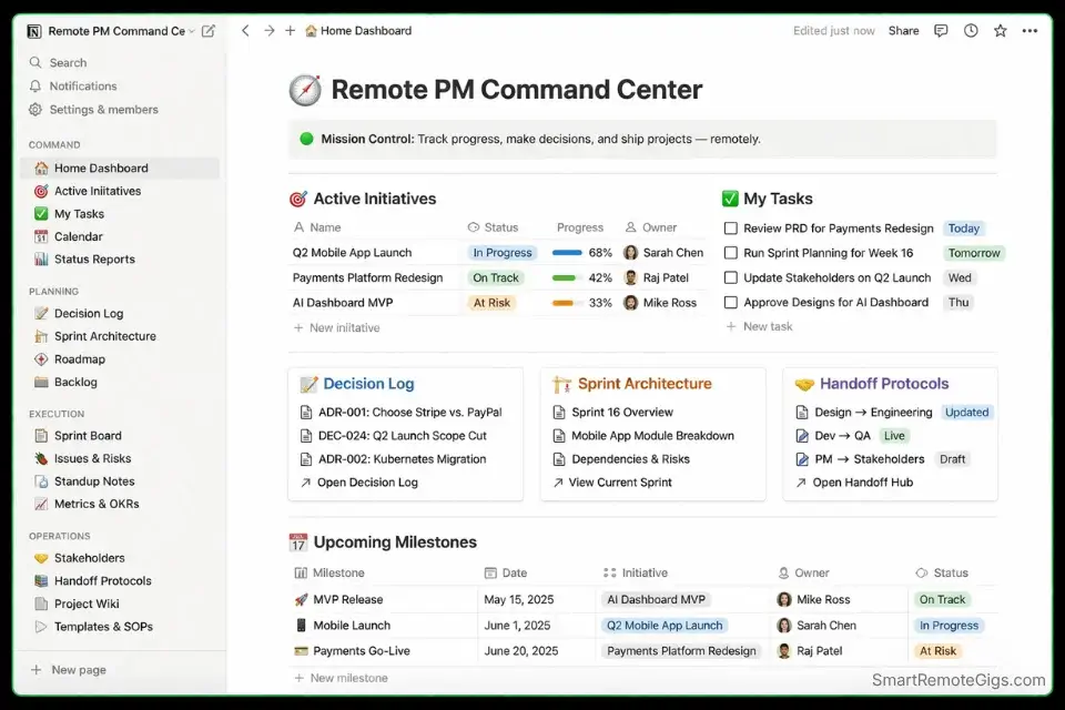 Screenshot of a structured Notion project management workspace being screen-shared during a remote technical interview.