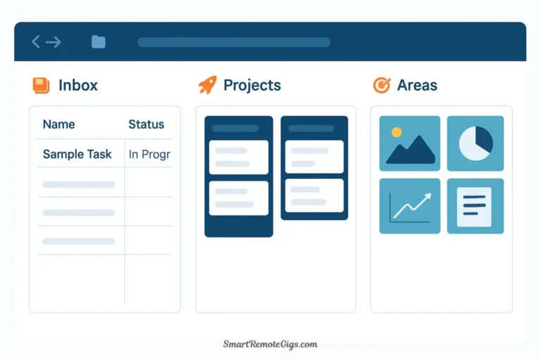 An organized Notion dashboard for a second brain, showing views for an Inbox, Projects, and Areas, all powered by a single master database.