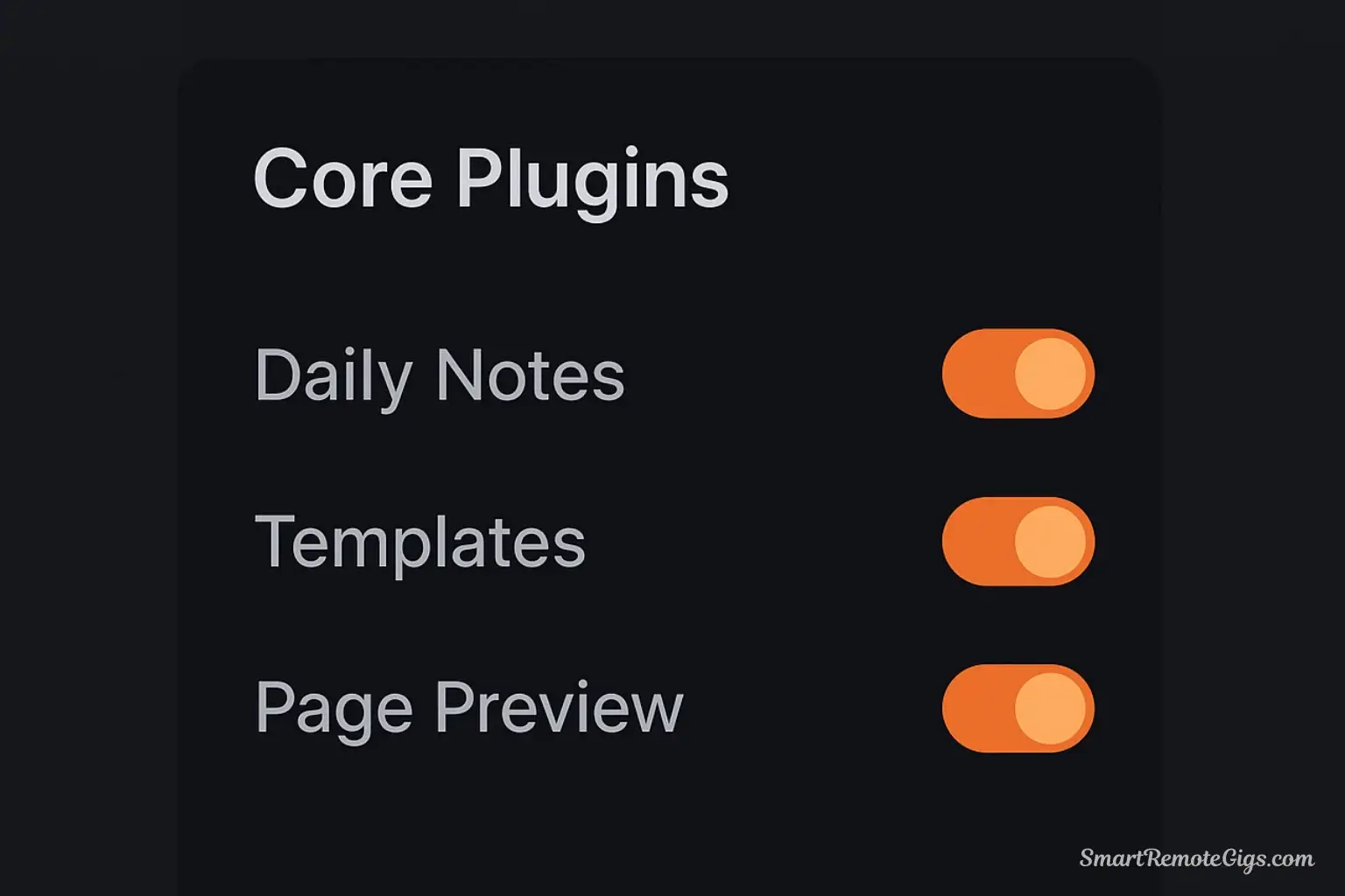 Vector illustration of the Obsidian settings menu, showing the core plugins like Daily Notes, Templates, and Page Preview being enabled.