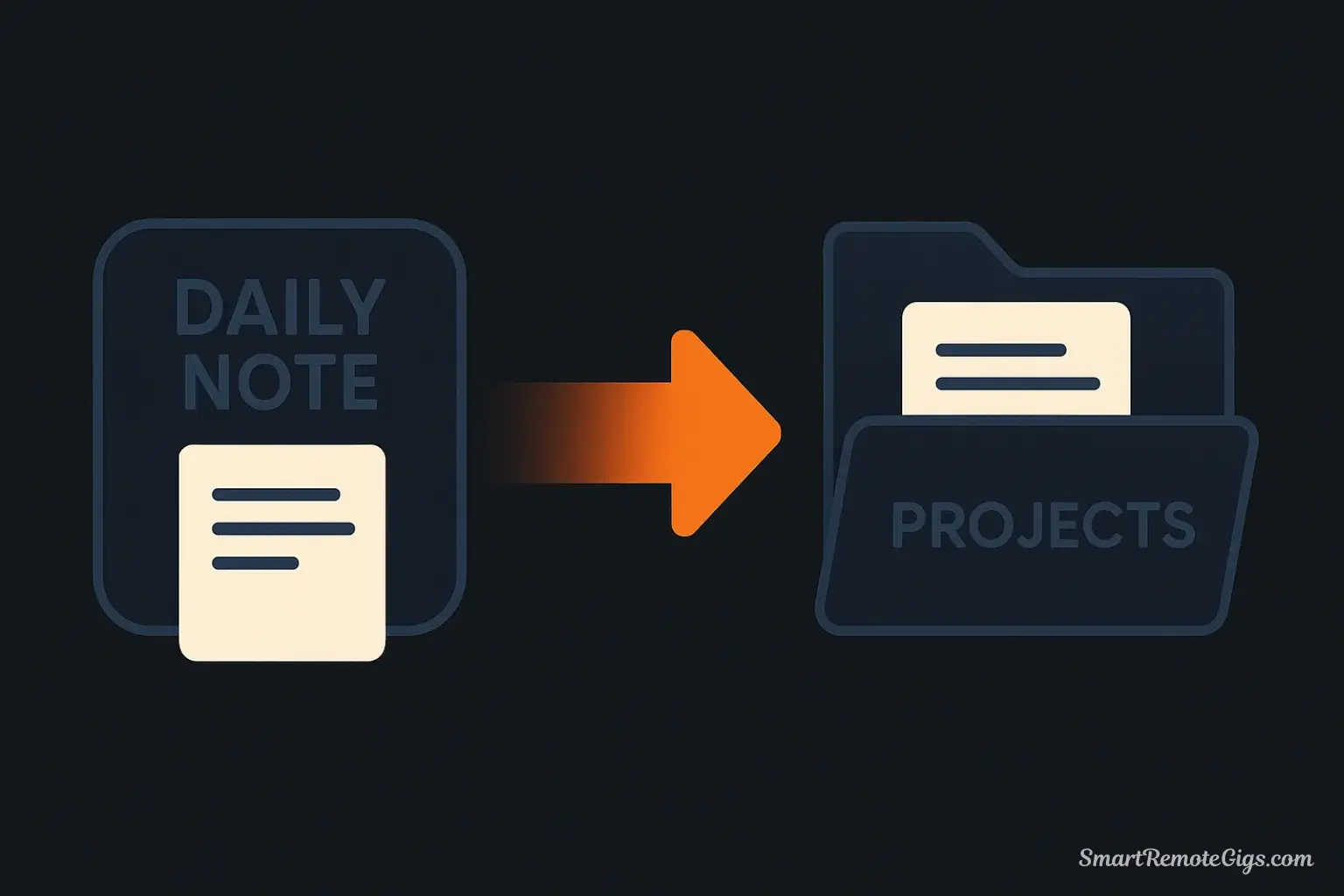 Conceptual illustration of organizing notes from a daily note into the P.A.R.A. folder structure during a weekly review.
