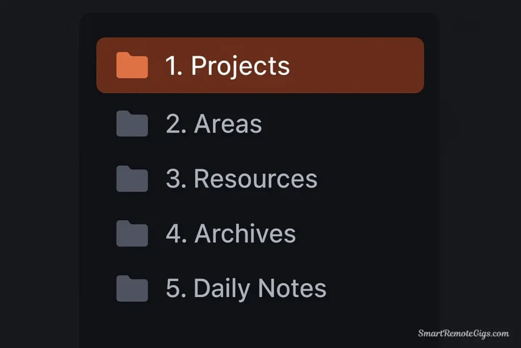 Screenshot-style illustration of the Obsidian file explorer pane showing the four P.A.R.A. folders (Projects, Areas, Resources, Archives).