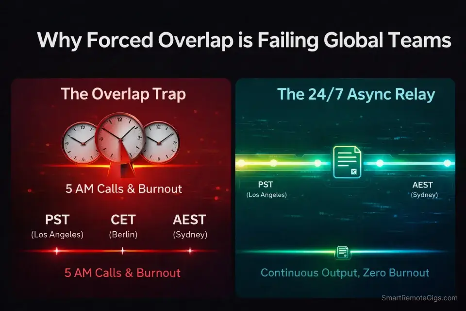 Infographic comparing the burnout of forced timezone overlap hours with the efficiency of an asynchronous global relay race workflow.