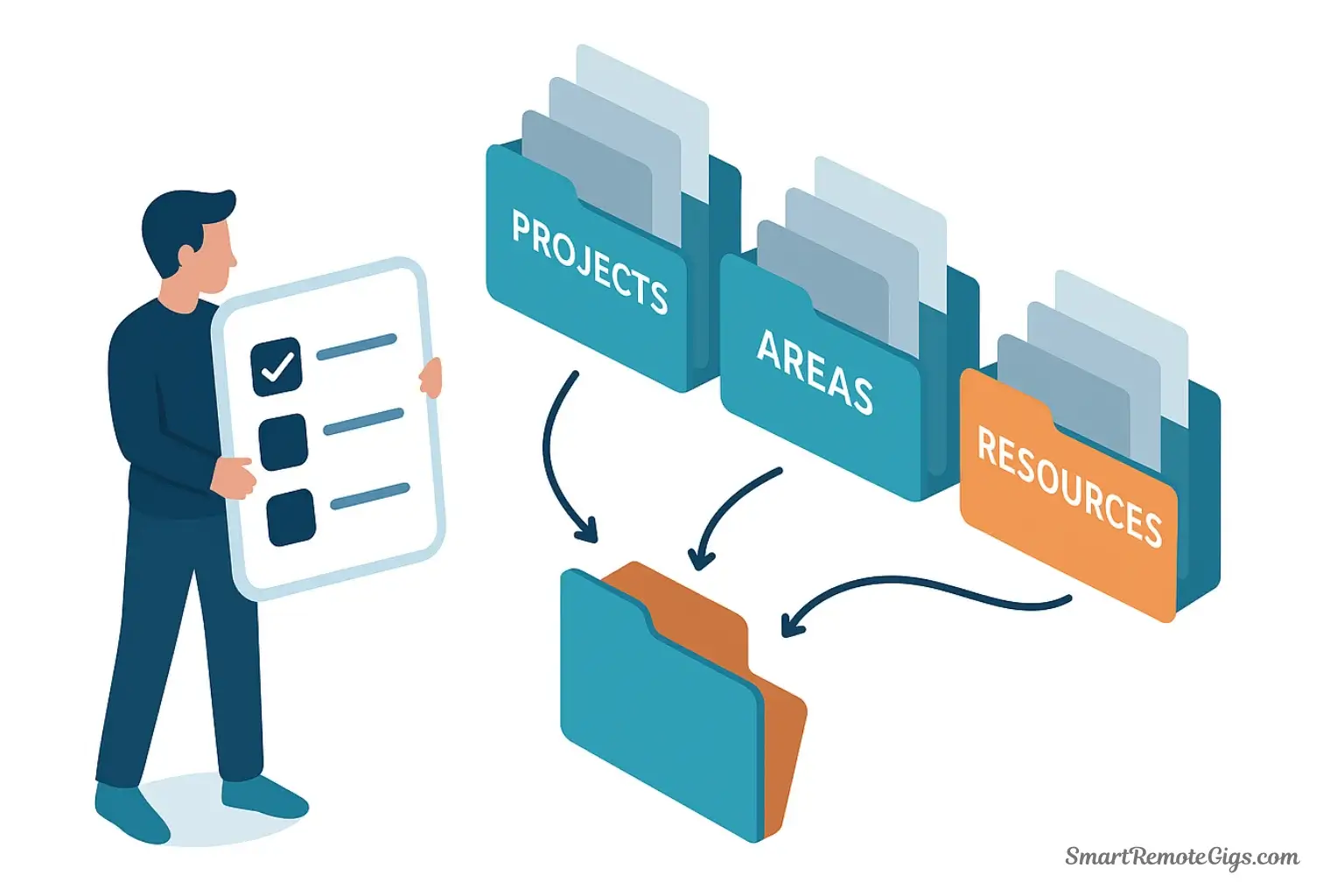 Illustration of a P.A.R.A. audit, showing a person with a checklist reviewing folders for Projects, Areas, and Resources, and moving inactive items to the Archives.