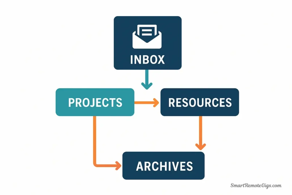 A diagram showing how information moves through the P.A.R.A. system: from an inbox, into Projects or Resources, and eventually into Archives.