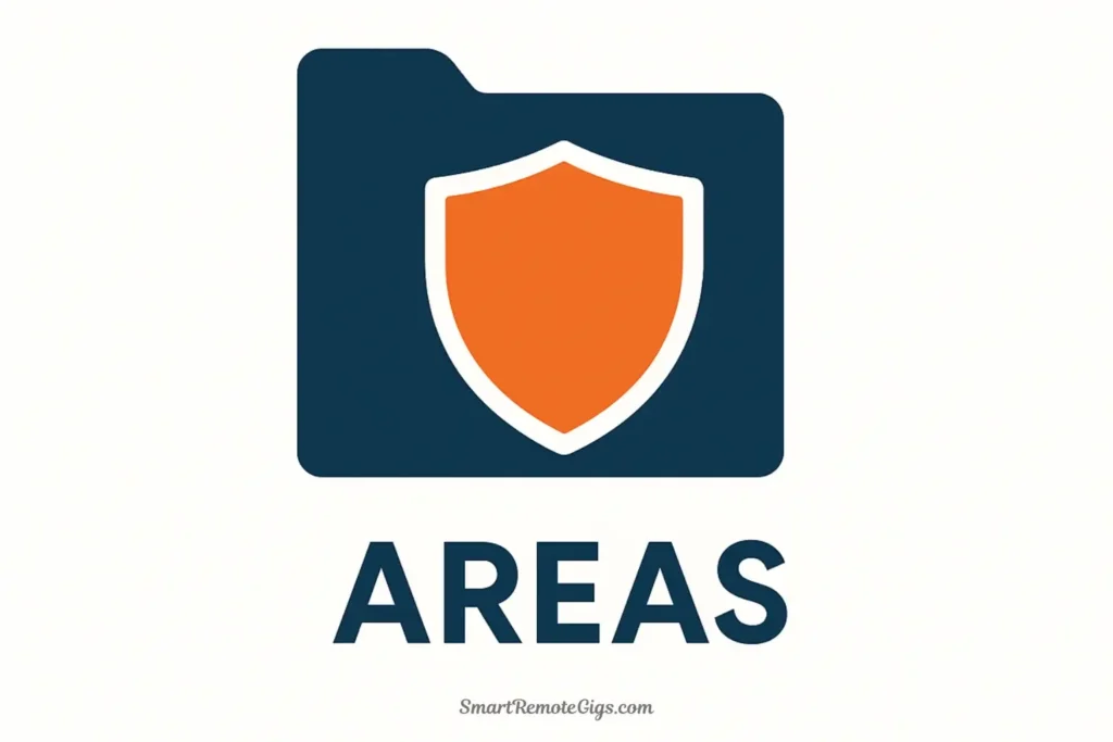 Vector illustration representing the Areas category of P.A.R.A., with a shield icon symbolizing ongoing responsibilities and standards to maintain.