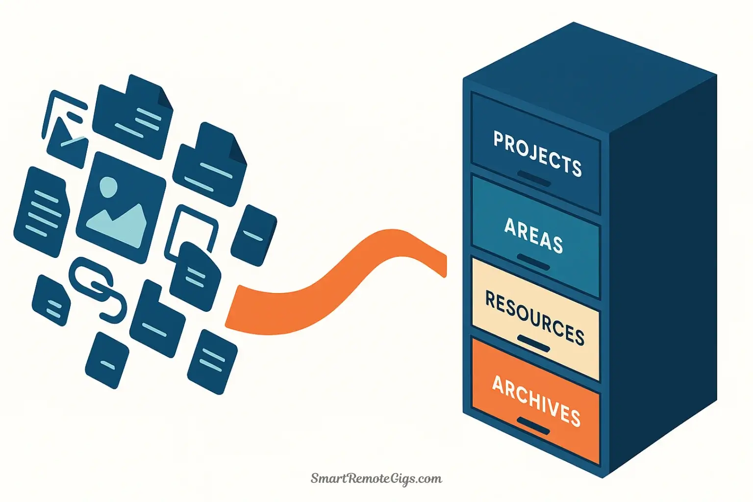 Conceptual illustration of the P.A.R.A. method, showing chaotic digital information being sorted into four clean, organized drawers labeled Projects, Areas, Resources, and Archives.