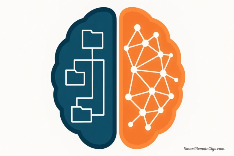 Conceptual illustration of a brain split into two halves: one side showing an organized folder structure for P.A.R.A., the other showing a web of interconnected notes for Zettelkasten.