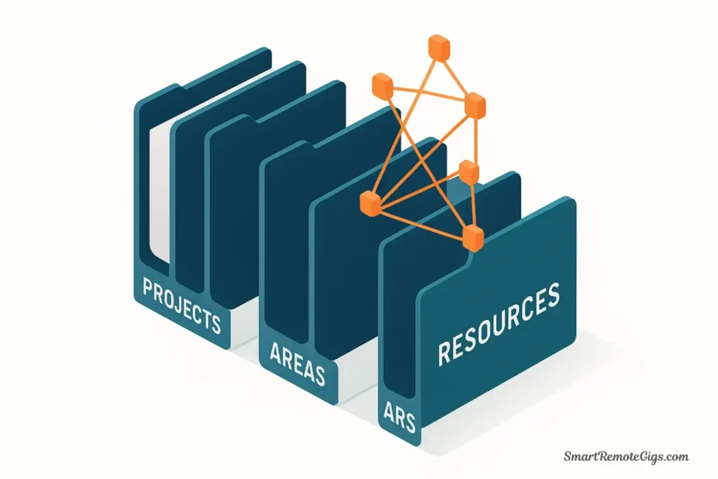 Illustration of the hybrid P.A.R.A. and Zettelkasten method, where a Zettelkasten network of notes is shown inside the 'Resources' folder.