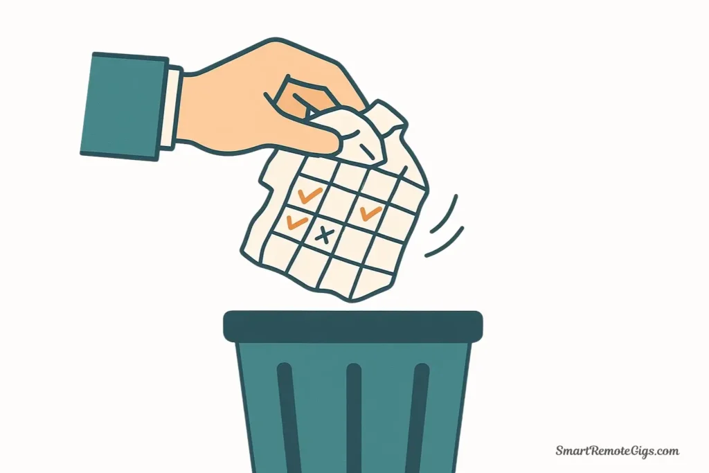 A vector illustration of a person throwing a slightly imperfect but mostly complete time-blocked calendar into a trash can, symbolizing the perfection trap.