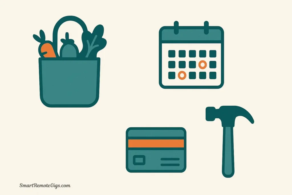 A top-down vector illustration of items for personal life batching, including a grocery bag, a calendar with appointments, and a wrench for home tasks.