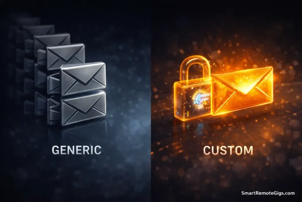 A visual comparison between a stack of generic grey emails and one glowing custom email unlocking a digital lock.