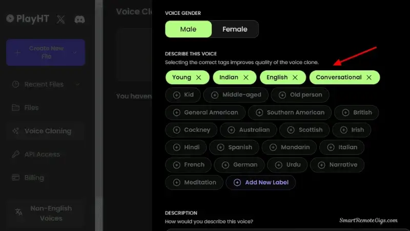 A screenshot of the Play.ht voice cloning interface, detailing the advanced settings available for creating a custom voice.