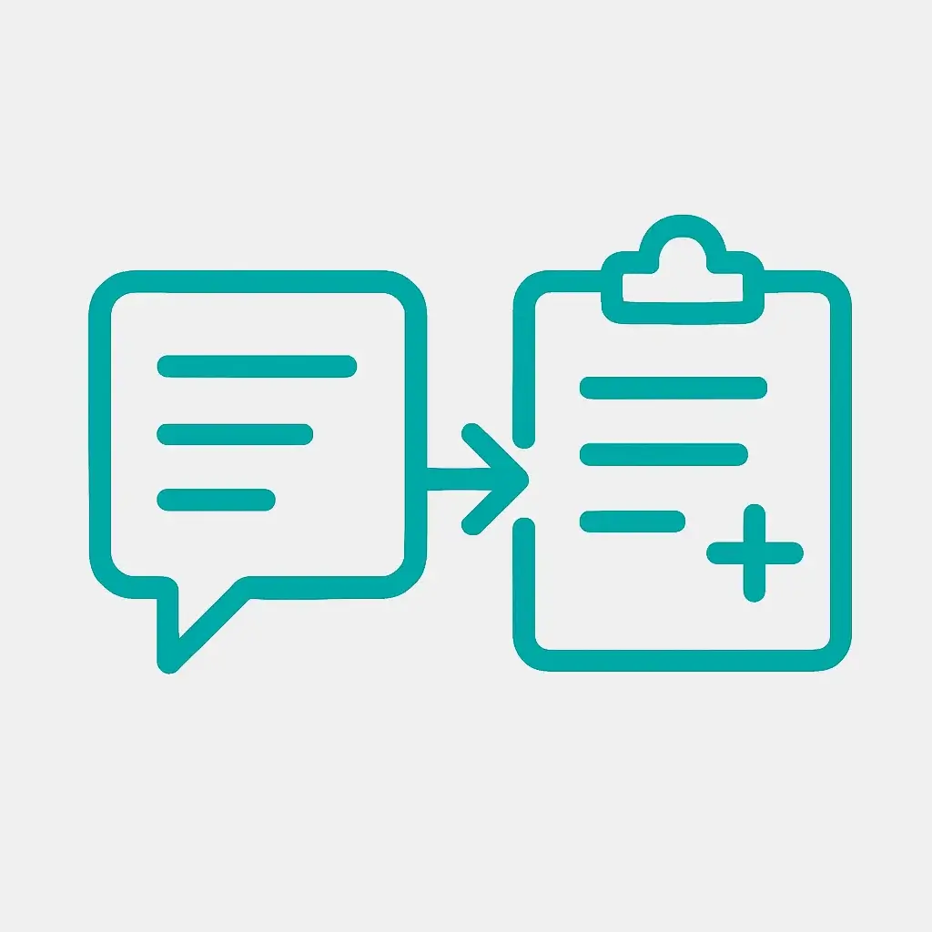 Icon for step 1 of triaging requests: a speech bubble pointing to a clipboard, symbolizing listening and logging.