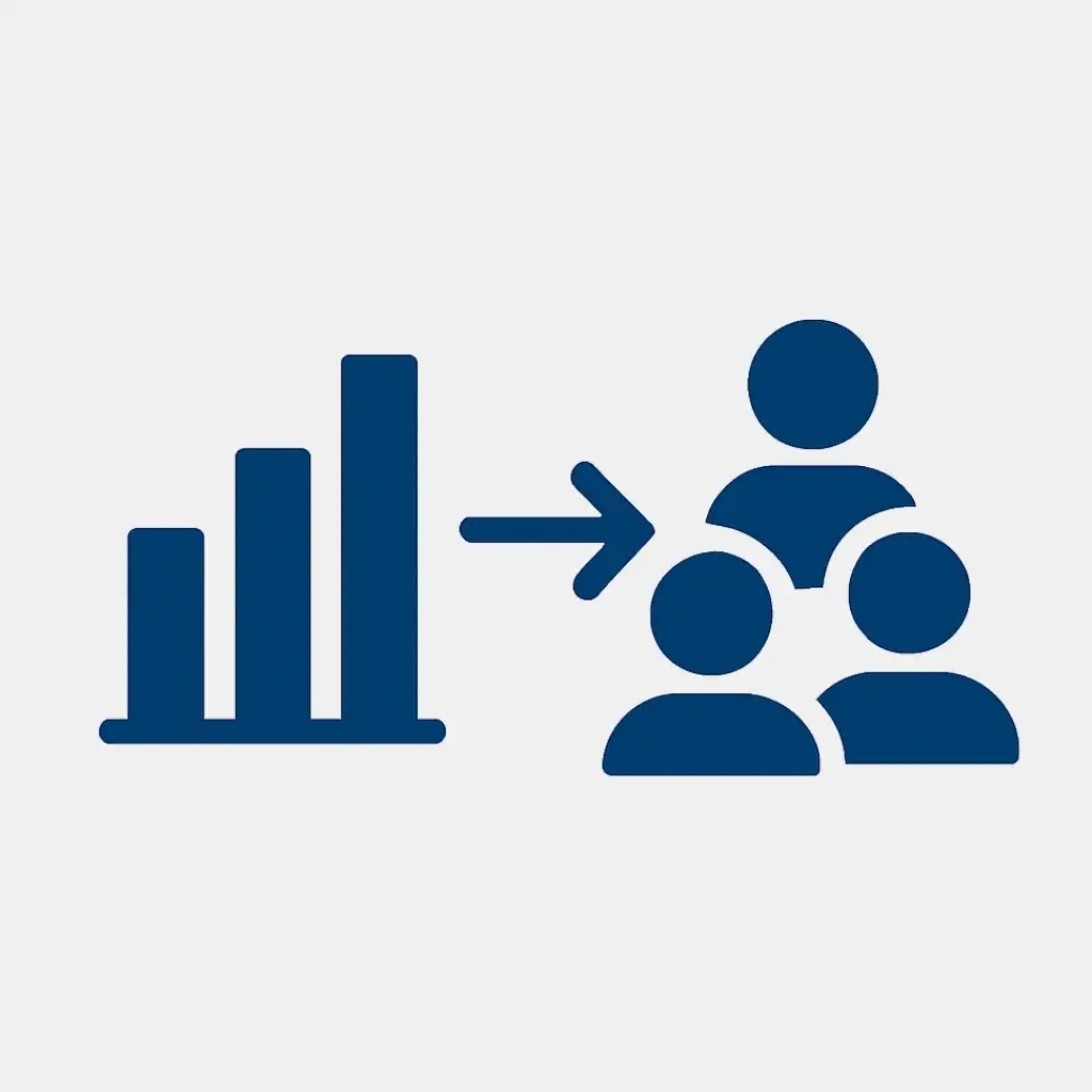 Icon for step 3 of triaging requests: a chart pointing to a group of people, symbolizing communicating a prioritized decision.