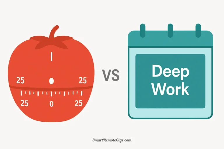 A split-screen vector illustration comparing the Pomodoro Technique, shown as short red sprints, and Time Blocking, shown as a large teal block on a calendar.