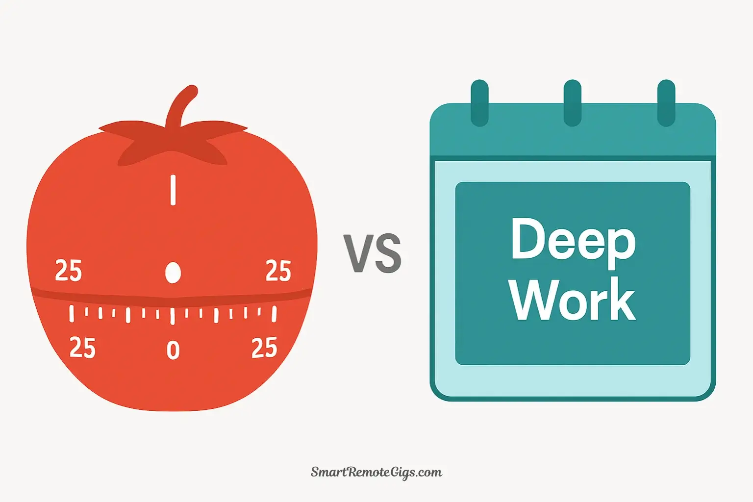 A split-screen vector illustration comparing the Pomodoro Technique, shown as short red sprints, and Time Blocking, shown as a large teal block on a calendar.