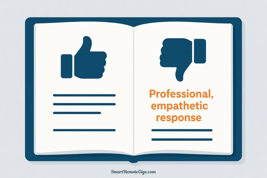 A mockup of a professional community engagement playbook, showing different scenarios with positive and negative comment icons and corresponding response text.