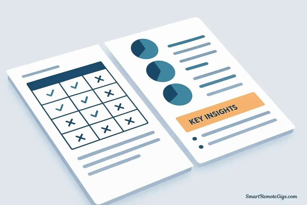 A mockup of a professional two-page competitive analysis report, showing a comparison table on one page and key insights with charts on the second page.