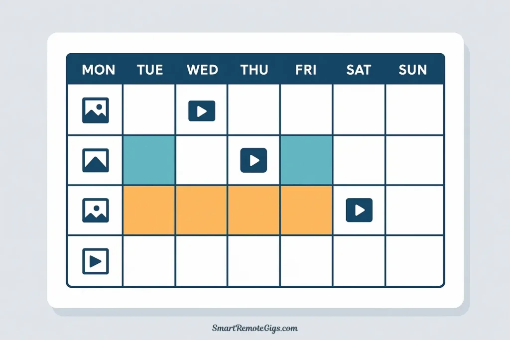 A mockup of a social media content calendar in a spreadsheet format, with color-coded content pillars and organized rows for each day of the week.