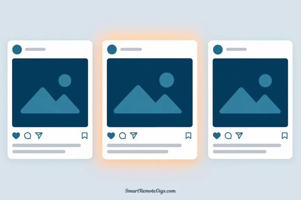 A mockup of a social media mini-campaign for a portfolio, showing three cohesive Instagram posts arranged in a row, with consistent branding and design.