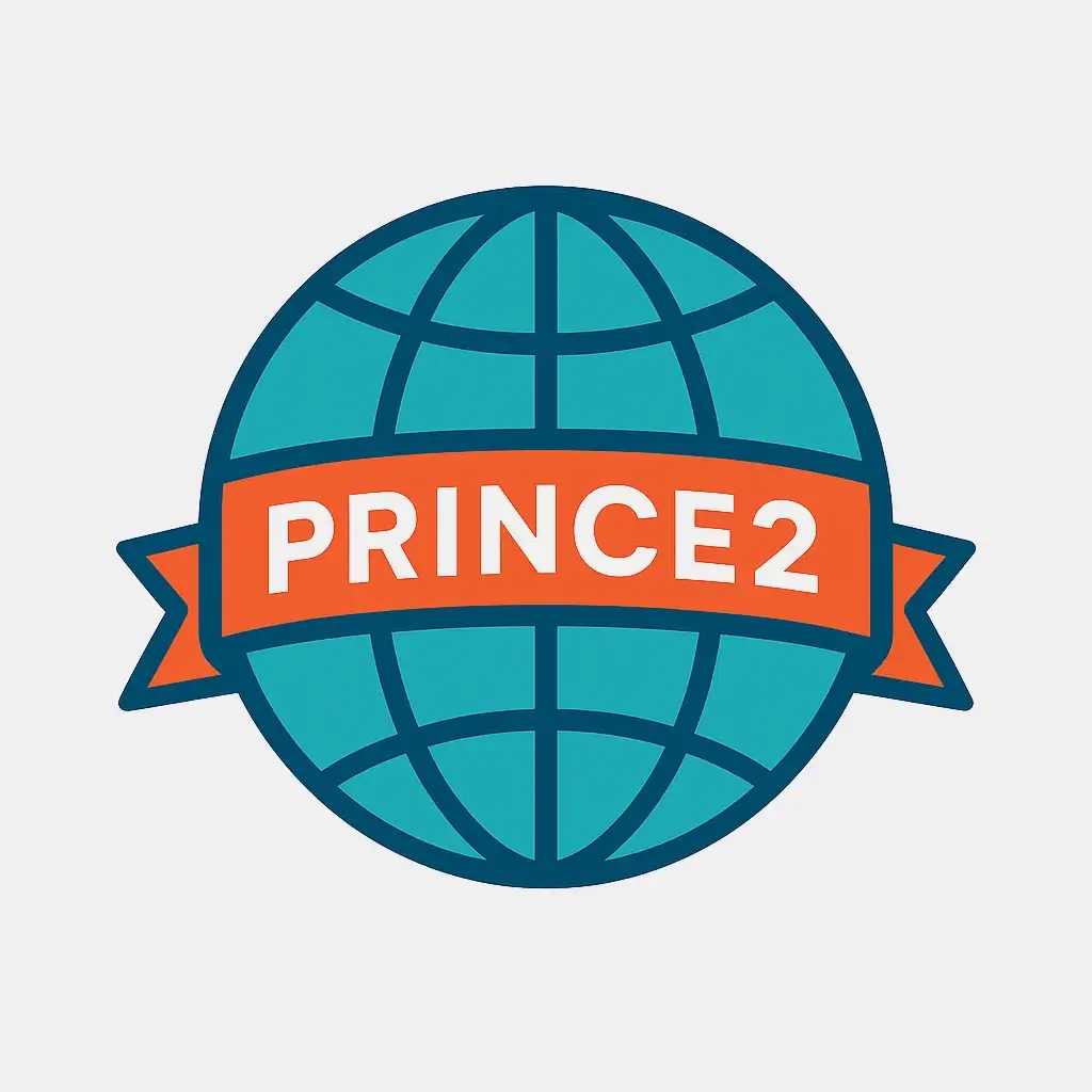 An icon of a globe with a banner, representing the PRINCE2 certification as the standard for international and global project management roles.
