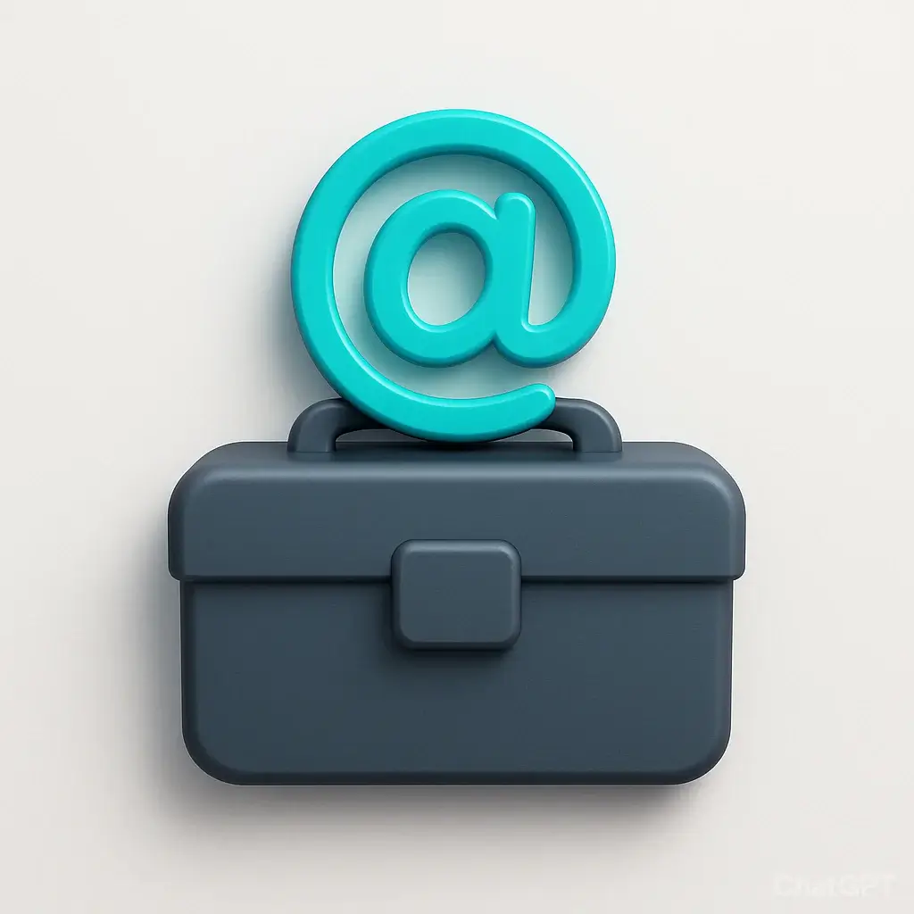 A 3D icon of a modern toolbox with an '@' symbol, representing professional email finder tools for freelancers.