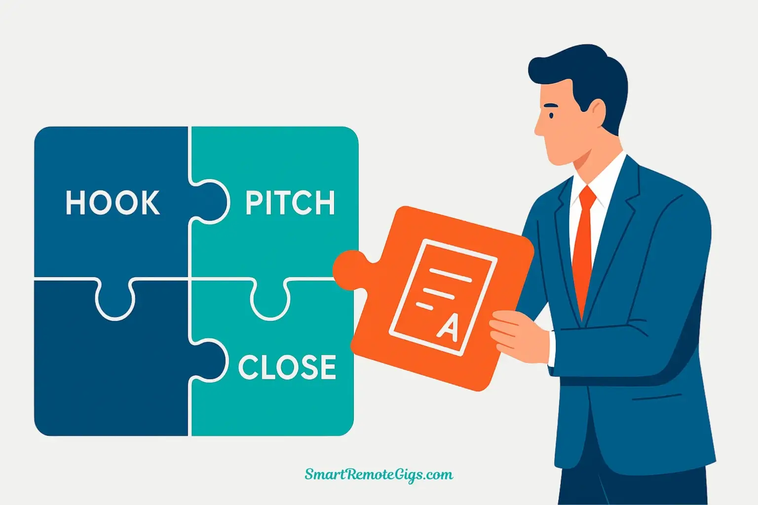 A project manager places the final puzzle piece, a cover letter, into a career puzzle, illustrating the perfect cover letter formula.