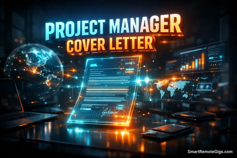 3D cinematic illustration of a 2026 project manager cover letter floating as a digital holographic document over a remote workspace.