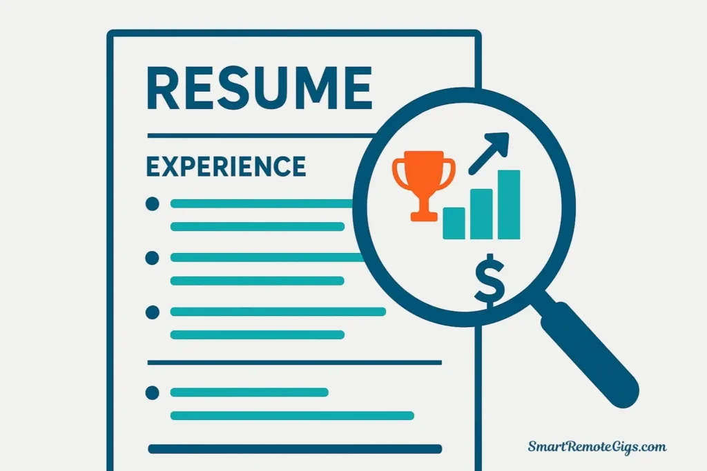 An illustration showing how to quantify achievements on a PM resume, with icons for success like a trophy and a chart emerging from a bullet point.