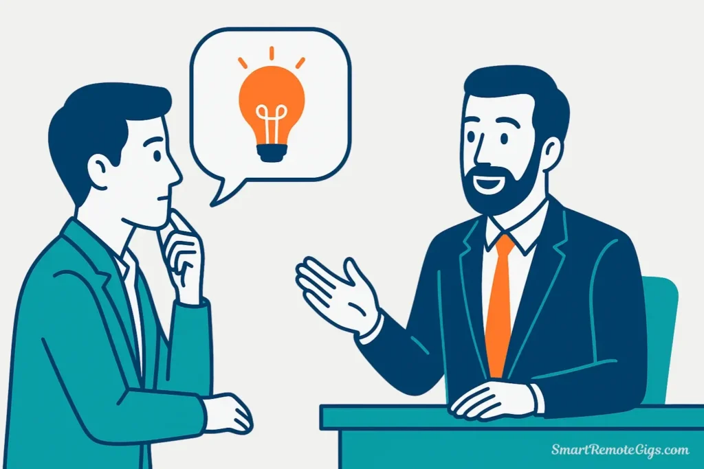 An illustration of a candidate asking smart questions in a remote PM interview, impressing the hiring manager.