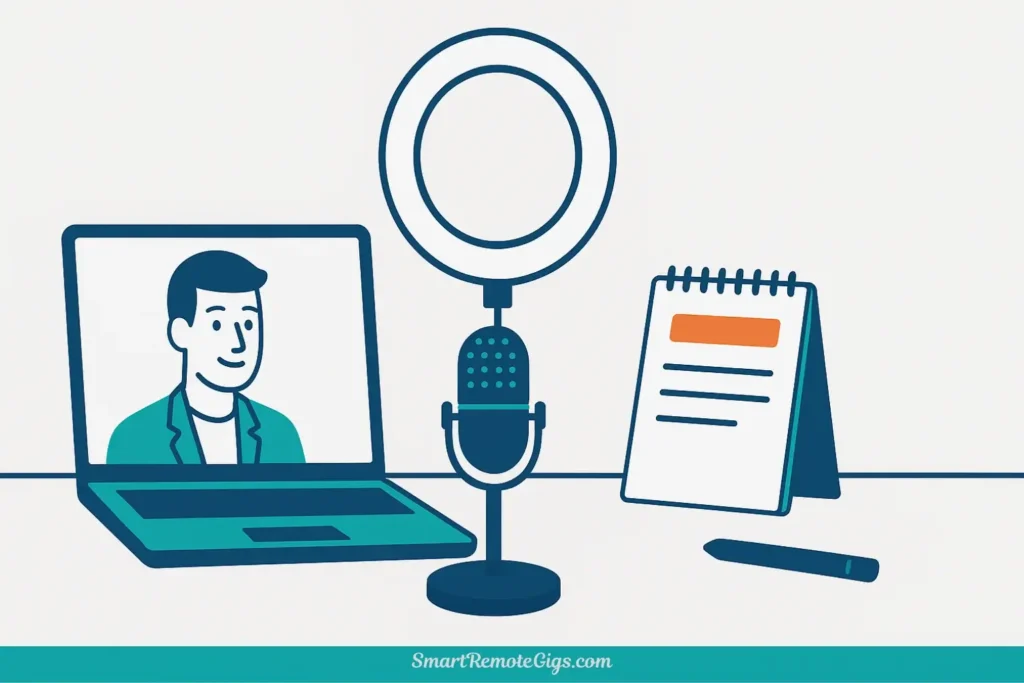 A professional remote interview setup checklist, showing a prepared desk with a laptop, microphone, lighting, and notes.