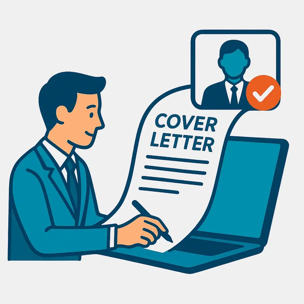 A cover letter extends from a laptop to form a bridge to an interview, illustrating how to write a letter that lands a remote PM job.