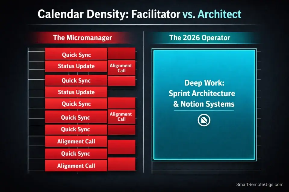 Infographic comparing a fragmented meeting-heavy project manager calendar with a 2026 async PM deep work schedule.