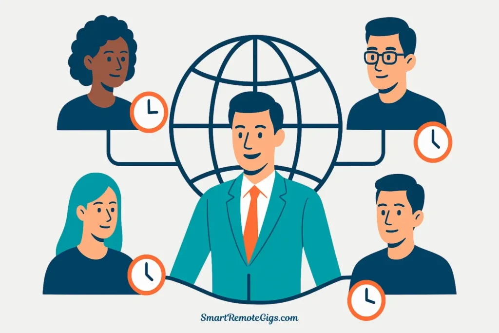 A project manager coordinating a remote team across different time zones, illustrating the importance of asynchronous communication skills in an interview.