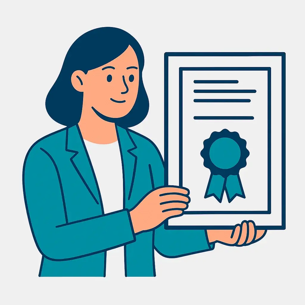 Illustration of a person holding a project management certificate, representing the first step to getting a remote PM job.