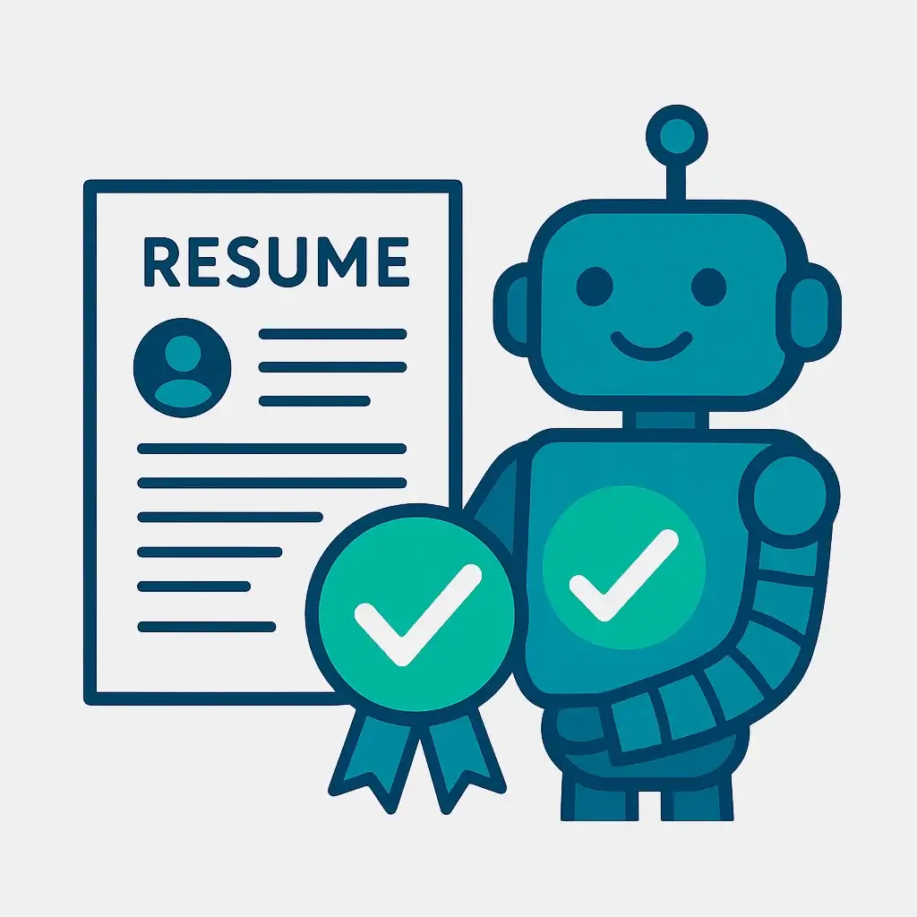 A friendly robot scans a remote project manager resume and gives it a green checkmark, illustrating the ATS optimization step.