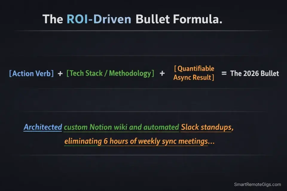 Infographic breaking down the exact formula for a remote project manager resume bullet using action verbs, tech stack tools, and ROI.