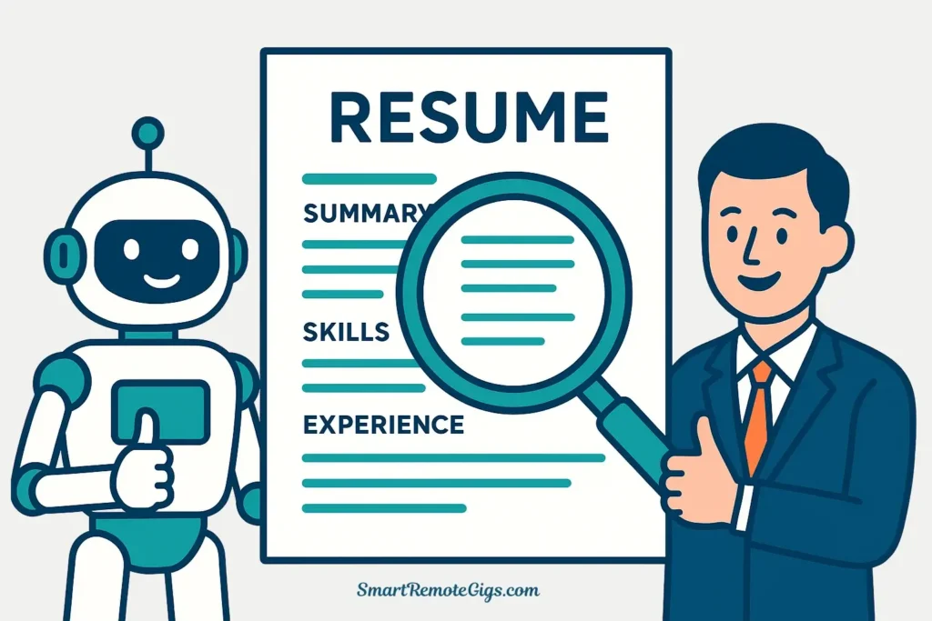 A breakdown of a remote PM resume's sections, showing that the template is approved by both ATS bots and human recruiters.
