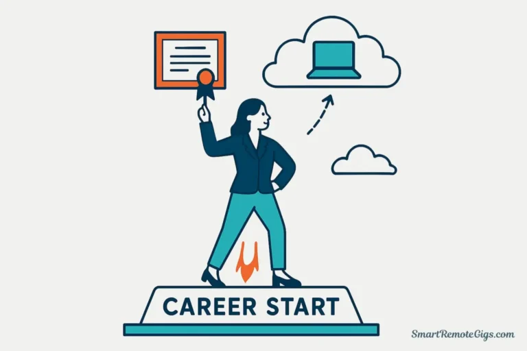 A project manager holds a certificate that launches like a rocket, illustrating how remote PM certifications can get you hired faster.