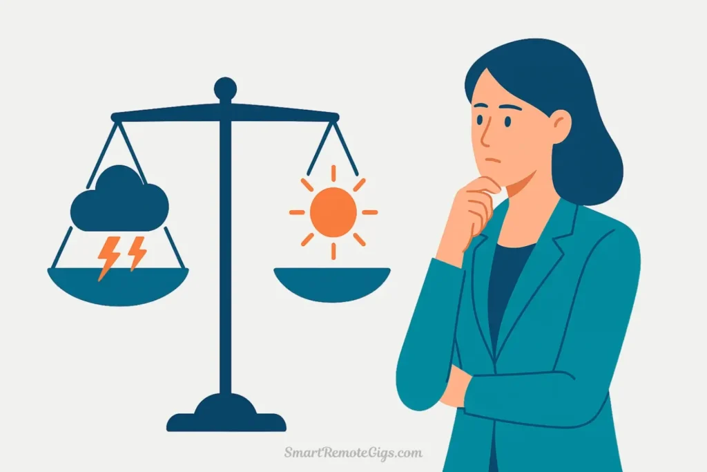 An illustration of a scale balancing the challenges and rewards of a typical day for a remote project manager.