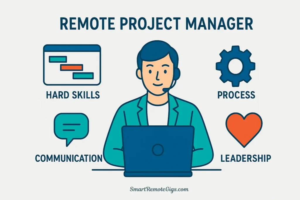 Illustration of a remote project manager's core skills, including icons for charts (hard skills), processes (tools), communication (soft skills), and leadership.