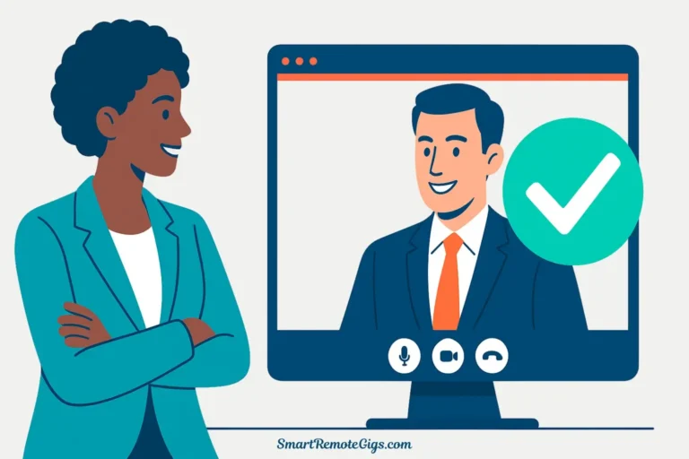 A project manager successfully answers remote interview questions during a video call, as shown by a large green checkmark.