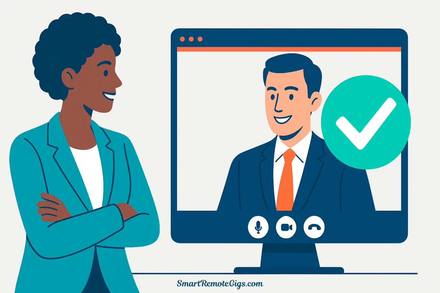 A project manager successfully answers remote interview questions during a video call, as shown by a large green checkmark.