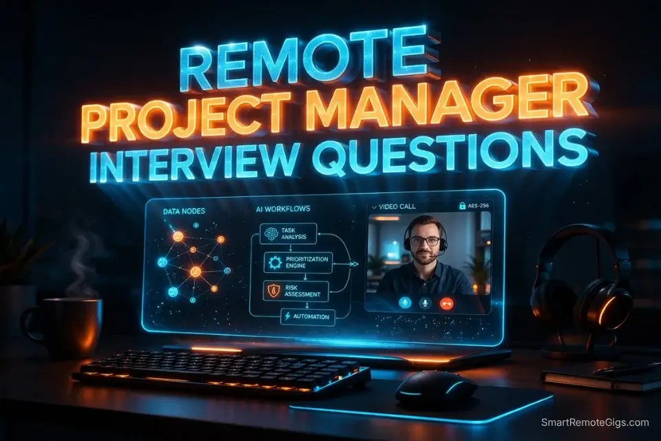 3D cinematic illustration of a futuristic remote project manager interview setting with glowing typography.